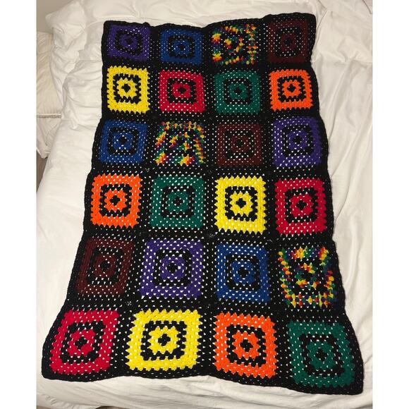 Handmade Crochet Granny Square Afghan Blanket Black Rainbow 71”x46”Retro 70s80s